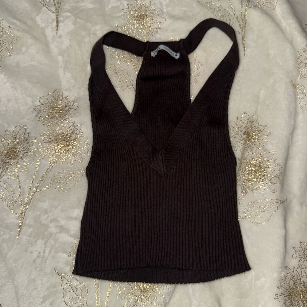 Zara Dark Brown Ribbed V-Neck Tank Top